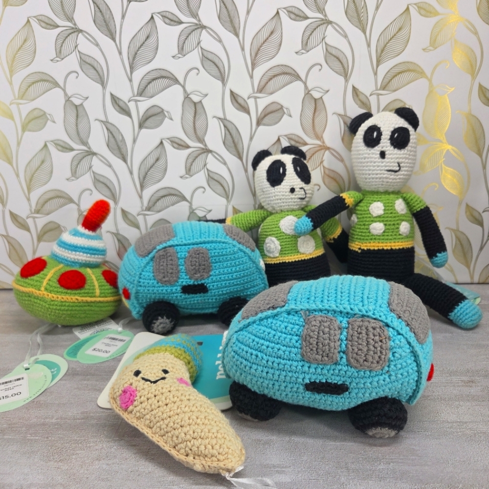 Pebble Organic Crochet Rattle Toys Handmade RV, Happy Moon, Tops, Pandas NWT